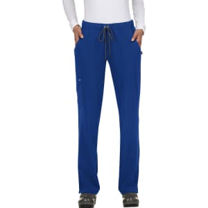Blue pants with a drawstring waist and multiple pockets, featuring a logo on the side.