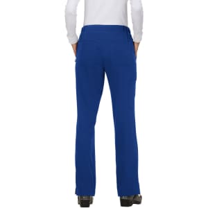 A pair of blue pants viewed from the back, featuring multiple pockets and a casual fit. The model is wearing a white top.