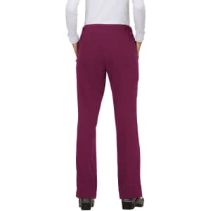A pair of maroon pants with a straight leg design and pockets, viewed from the back. It features a logo.