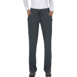 A pair of dark grey pants with an elastic waistband and pockets, designed for comfort and utility.