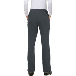 A pair of grey pants with a straight leg design and pockets, displayed from the back.