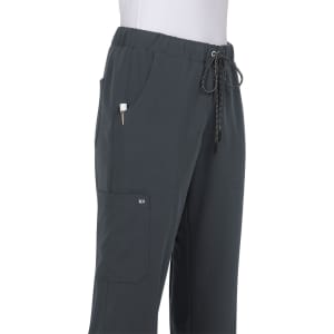 A pair of grey pants with an elastic waistband and drawstring, featuring pockets and a logo on the side.