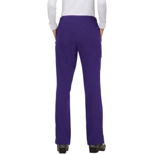 A pair of purple pants with a straight leg style and multiple pockets, featuring a branding logo on the back.