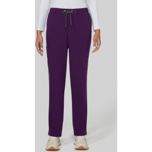 A pair of purple trousers with a drawstring waist, featuring a zip pocket on one side.