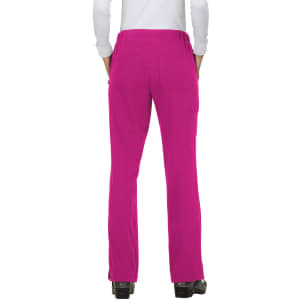 Fuchsia pants viewed from the back, featuring a pocket detail and a straight-leg cut. The image includes a logo.