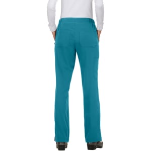 A pair of teal pants with multiple pockets, viewed from the back, featuring a plain design and a logo.