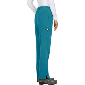 Teal pants with a relaxed fit and pockets, displayed from the back, featuring a logo.