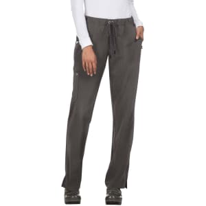 A pair of dark grey pants with a drawstring waist and side pockets, featuring a branding logo.