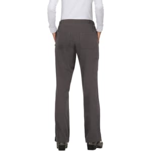 A pair of grey pants viewed from the back, featuring two back pockets and a flared leg design.