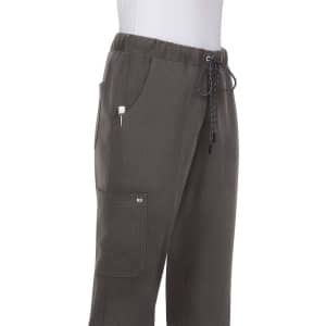 A pair of grey promotional pants with an elastic waistband, drawstring, and multiple pockets, featuring a logo.