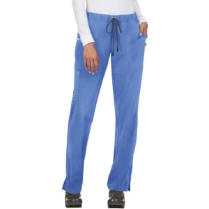 Blue pants with a drawstring waistband and multiple pockets, featuring a logo on one pocket.