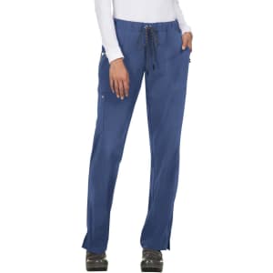 A pair of blue pants with a drawstring waist and pockets, featuring a simple design and a branded logo.