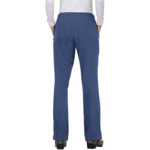 Blue pants with a straight leg and multiple pockets, viewed from the back. The pants have a logo on the waistband.