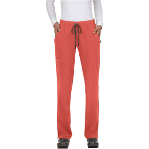 A pair of coral pants with an elastic waistband and drawstring, featuring side pockets.