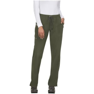 An olive green pant with a drawstring waistband and side pockets, worn by a model. It features a logo.