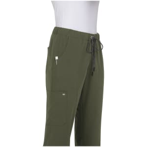 Green pants with a drawstring waistband and multiple pockets, featuring a logo on the side.