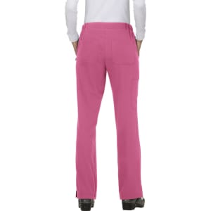 A pair of pink pants with multiple pockets, viewed from the back, worn by a person in a white top.