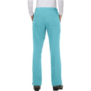 A pair of turquoise trousers featuring back pockets, shown from the rear view. The fabric appears soft and lightweight.