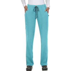 Turquoise pants with a drawstring waist and pockets, featuring a logo on the side.
