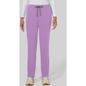 Purple pants with a drawstring waist and side pockets, worn by a model standing against a light grey background.