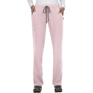 A pair of pink pants with an elastic waistband, drawstring, and multiple pockets.