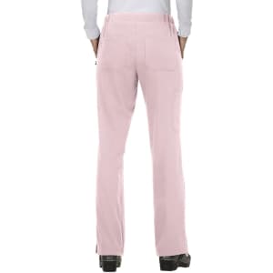 A pair of pink pants with a straight-leg design and rear pockets, viewed from the back.