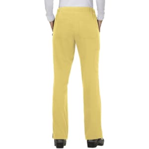 A pair of yellow pants with a straight leg design and back pockets, viewed from the back.