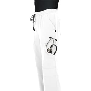 A pair of white jogger pants featuring a side pocket with a stethoscope. The pants have an elastic waistband and drawstring.