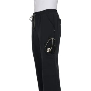 A pair of black jogger pants featuring side pockets and a stethoscope. The pants have a drawstring waistband.