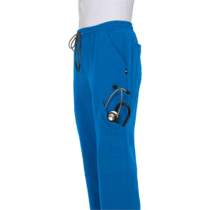 A pair of blue jogger pants featuring a pocket with a stethoscope. The pants have an elastic waistband and drawstring.