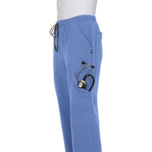 A pair of blue jogger pants with pockets, featuring a stethoscope partially visible in one pocket.