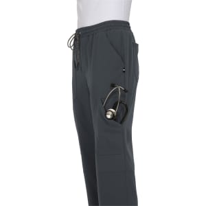 A pair of dark grey jogger pants featuring side pockets, including one with a stethoscope.