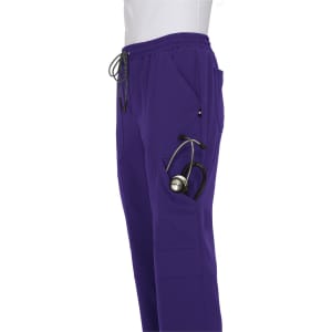 A pair of purple jogger pants with pockets, featuring a stethoscope visible in one pocket. It has a logo on the side.