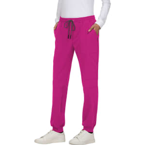 A pair of vibrant pink jogger pants with side pockets and a drawstring waistband, featuring a contrasting trim.