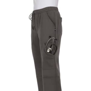 A pair of dark grey jogger pants with pockets, featuring a drawstring waist and a stethoscope clipped to the side.