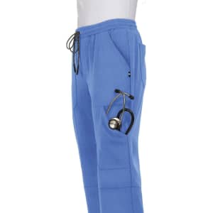 A pair of blue jogger pants with pockets, featuring a stethoscope hanging from one side. The pants have a logo.