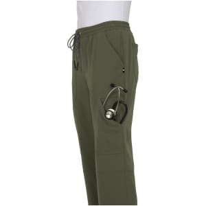A pair of olive green jogger pants with a side pocket holding a stethoscope. Features an elastic waistband.