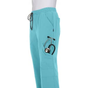 A pair of turquoise jogger pants with pockets, featuring a stethoscope tucked into one pocket.