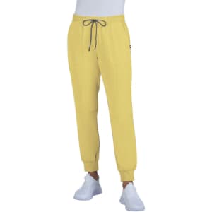 A pair of yellow jogger pants with an elastic waistband and pockets, featuring a grey drawstring and a logo.