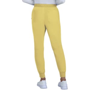 A pair of yellow jogger pants with a fitted cuff, featuring back pockets and a comfortable elastic waistband.