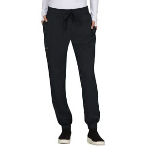 A pair of black jogger pants featuring an elastic waistband and side pockets, with a small logo on one side.