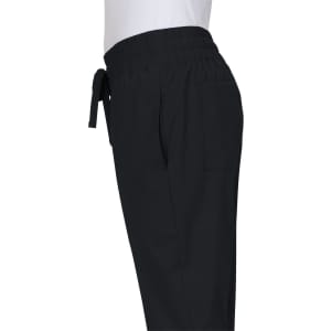 A pair of black jogger pants with an elastic waistband and side pockets, featuring a tie detail.