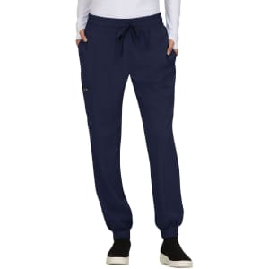 A pair of navy jogger pants with an elastic waistband and side pockets, featuring a small logo.