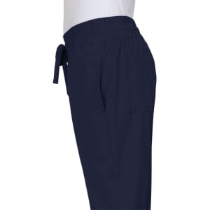 A navy jogger pant with an elastic waistband, side pockets, and a tied detail at the waist.