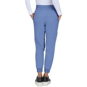 A pair of blue jogger pants with an elastic waistband and side pockets, featuring a smooth finish.