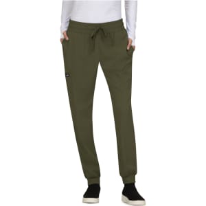A pair of olive green jogger pants with an elastic waistband and two side pockets, featuring a logo.