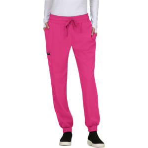 A pair of bright pink jogger pants with an elastic waistband and drawstring, featuring side pockets.