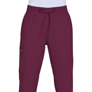 A pair of burgundy jogger pants with an elastic waistband and side pocket, featuring a brand logo.