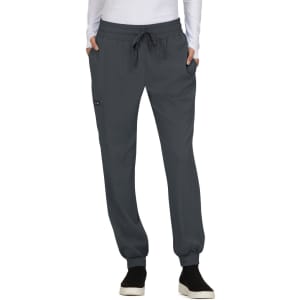 A pair of grey jogger pants with a drawstring waist and side pockets, featuring a small logo branding.