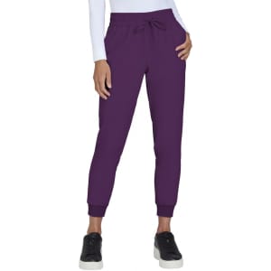 A pair of purple jogger pants with an elastic waistband and cuffs, featuring a drawstring and a logo.